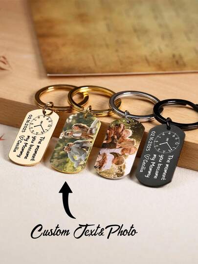 Customizable Double-Sided Photo And Text Keychain, Suitable As A Gift For Mom, Customizable Stainless Steel Keychain, Fashionable Accessory For Occasions Like Mother's Day, Wedding, Birthday, Anniversary, Graduation Ceremony