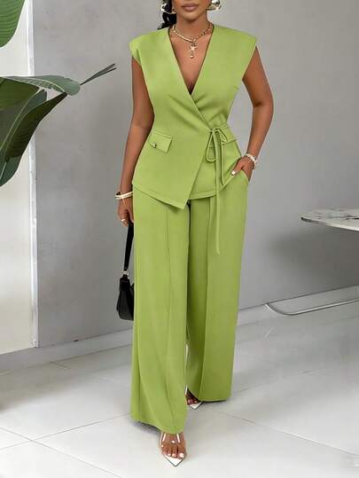 AIJ 2pcs Women's Elegant Commuter Suit Set, Includes 1 Tie-Front Top And 1 Wide-Leg Pant. The Top Features A Tie-Front Design With Metal Buckle Accent And An Elastic Waistband. The Wide-Leg Pant Is Suitable For Work, Travel, Commute And Casual Outings. Summer