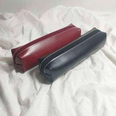 1pc Retro Faux Leather Pencil Case, Burgundy/Black Minimalist Zipper Pencil Pouch, Large Capacity Student Stationery Organizer Bag, Also Suitable For Cosmetic Storage