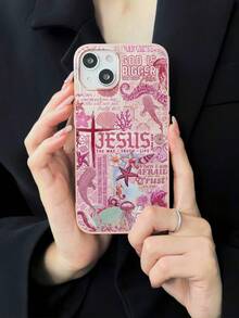 Pink Ocean, Jesus Collage Print Phone Case, Whale, Seahorse, Starfish, Pink Cross, Pink Phone Case, Christian Aesthetic Beach Design Fashion Phone Case - Pink - View 3