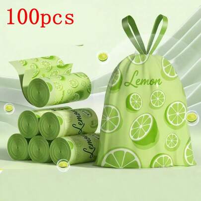 100pcs Thickened Garbage Bags With Lemon Fruit Pattern, Scented Drawstring Trash Bags, Suitable For Kitchen, Office, Restaurant, Living Room, Outdoor, RV, Party And More Scenarios
