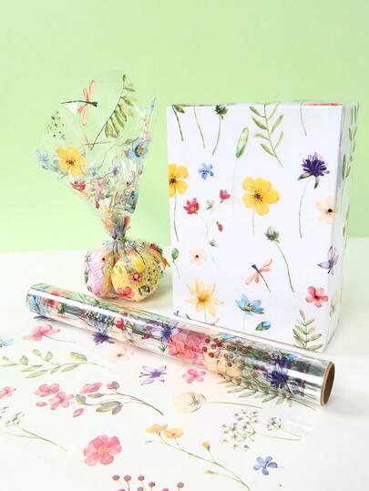 1Roll Floral Design Gift Wrapping Paper, Transparent Cellophane Wrapping Paper, Flower Wrapping Paper, Baby Shower Decor, Bouquet Decor, Gift Box Packaging, Wedding Birthday Decorations, Gender Reveal Party Supplies, Baby Party Gifts, Back To School Season, Gift Packing
