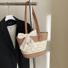 1pc Girl's Straw Bucket Bag, Zipper Closure, Fashion Beach Shoulder Bag, Suitable For Daily Use - Off-white Wavy Khaki - View 9