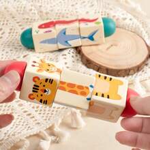 Set de 2 piezas Bloques de construcción de madera educativos para niños con animales y temas oceánicos, juguetes de rompecabezas 3D giratorios con agarres de animales de dibujos animados, regalo para fiestas - Multicolor - Ver 2