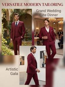 Men's 3 PiecesSuit Set Blazer&Vest&Pants Wedding Groom Attire Elegant Tuxedo Men Clothes For Special Occasions Wedding Receptions Gala Dinners Classic - Burgundy - View 8