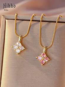 Hihho 1pc Sparkling Pink & White Cubic Zirconia Four-Leaf Clover Pendant Necklace, Sweet Commuting & Dating Jewelry With Gentle Vibe - Four Leaf Clover - View 5