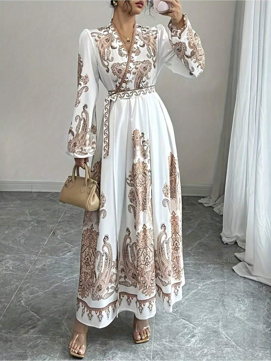 Áo choàng in họa tiết - Áo choàng dài tay kiểu Trung Đông dành cho nữ - trắng - Xem 1