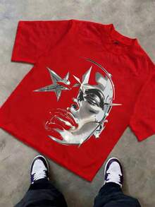 Boys & Teens' Cotton Graphic Tee, Big Print Casual Short Sleeve Crew Neck Summer T-Shirt, Cute Streetwear Top - 紅色 - 查看 1