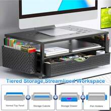 Gianotter - Soporte para monitor de computadora de escritorio con cajón y 2 portalápices accesorios de escritorio y organizador de escritorio para suministros de oficina negro - negro - Ver 3