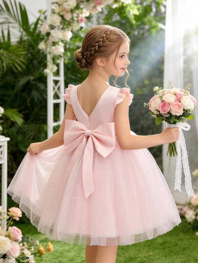 年轻女孩盖袖网眼派对公主裙，适合生日派对、情人节礼物、舞会、派对、休闲日常穿着、乐器演奏、舞台表演服装