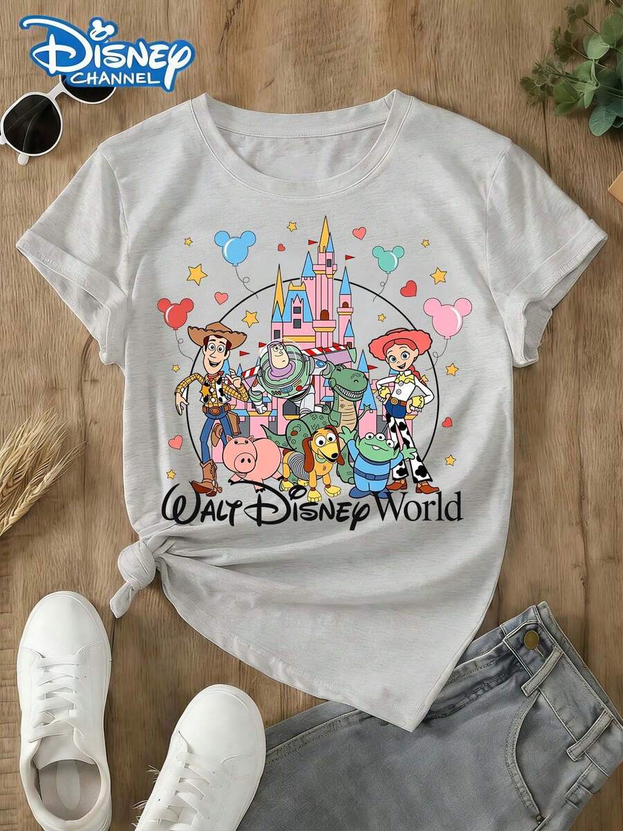This Disney-Licensed Women's Summer Cotton T-Shirt Is A Disney 2026 Travel Souvenir. The Front Features A Toy Story Collection And A Disney Castle, Perfect For Taking Photos At Disney Parks, As A Travel Souvenir, For Everyday Casual Wear, Or For Matching Family Outfits. It Also Makes An Ideal Valentine's Day Gift For Friends And Family. Men's And Women's Clothing, New Spring Style, Comfortable And Skin-Friendly, Suitable For Outdoor Wear. - Grey - View 1