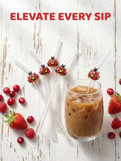 半套卡通瓢虫玻璃吸管套装 - 可重复使用的透明弯吸管，适用于冰沙和鸡尾酒 | 可爱的厨房和派对小礼物，适合夏令营、返校季、父亲节和母亲节 | 独特的礼物创意