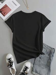 Heart& Love Print Summer T-Shirt, Versatile Short Sleeve Crew Neck Top, Women'S Clothing - 黑色 - 查看 2