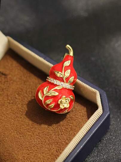 1pc Red Enamel Red Gourd Brooch, Elegant Exquisite Gold Petal Auspicious Brooch With Rhinestones