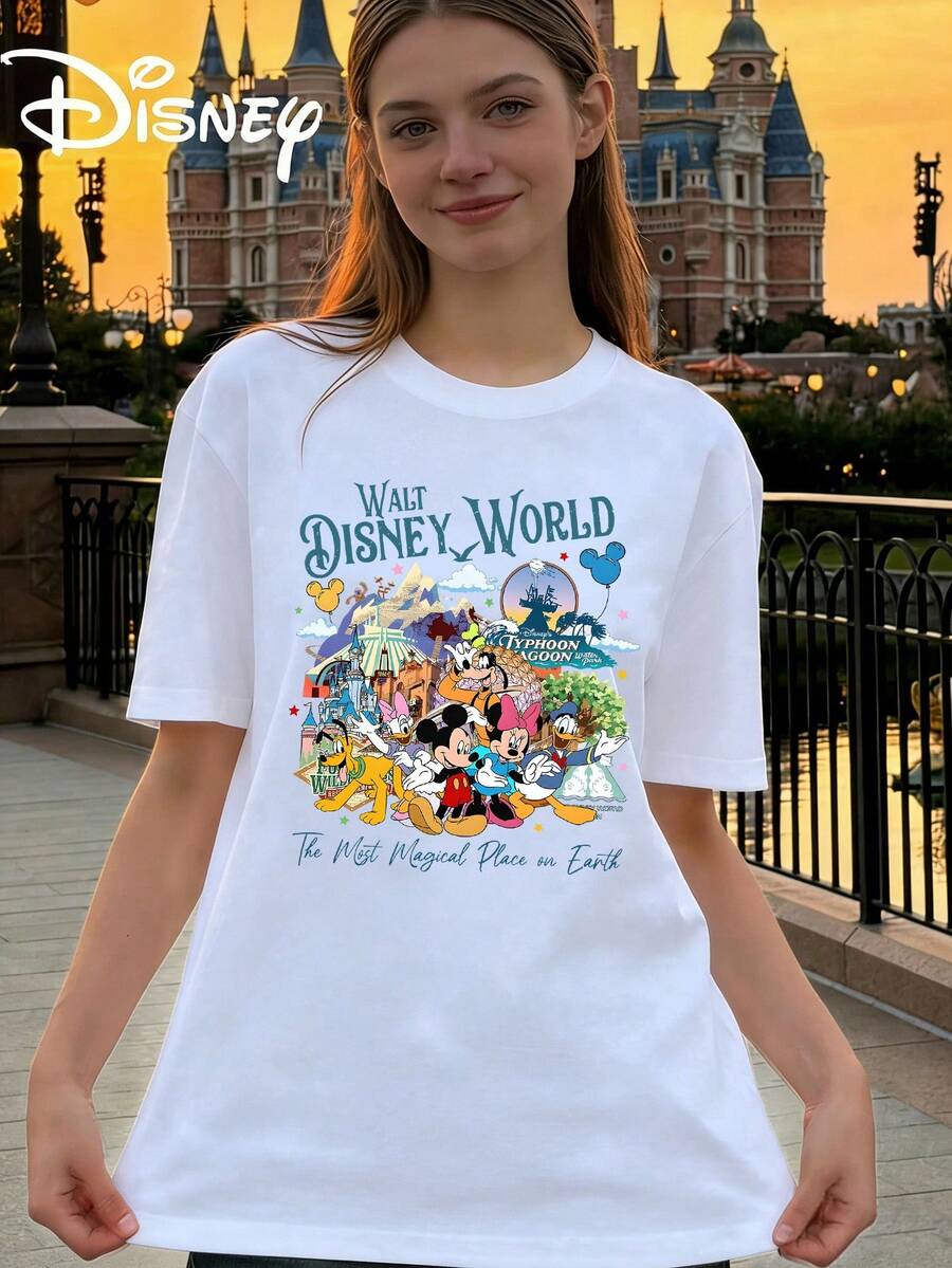 Camiseta casual de algodón blanco para mujer con estampado de personajes de "Walt Disney World", ajuste regular, cuello redondo, manga corta - Blanco - Ver 1