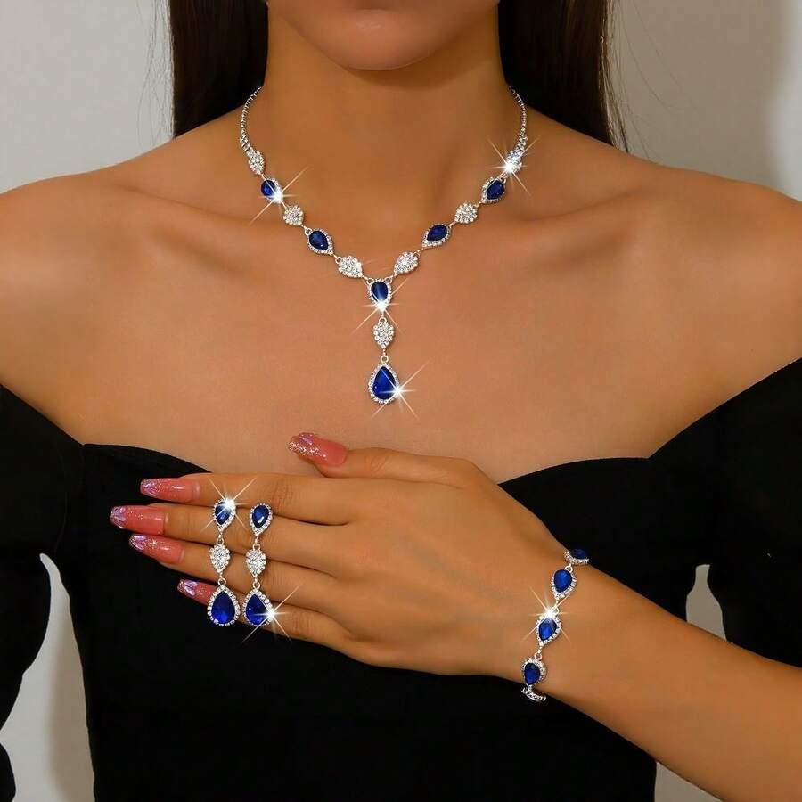 Bộ trang sức cưới thời trang đính đá Cubic Zirconia hình giọt nước, gồm bông tai, dây chuyền và vòng tay. - 1662796 Bộ đồ màu xanh hoàng gia - Xem 1