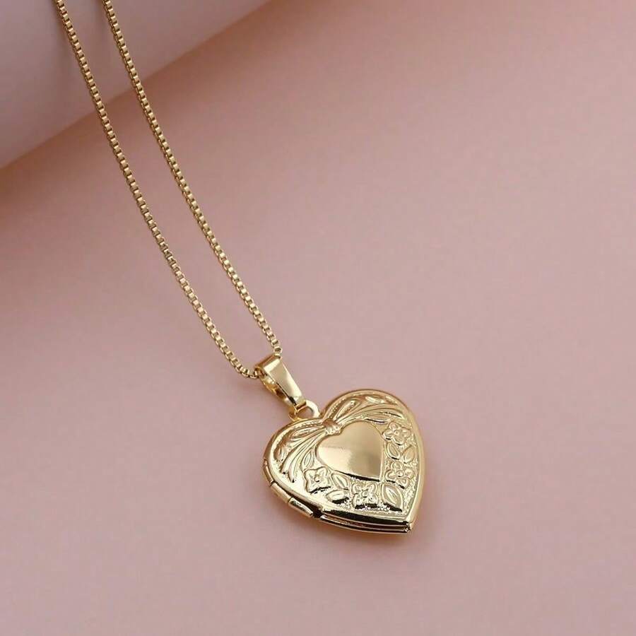 Dây chuyền mặt dây chuyền hình trái tim rỗng bằng ren kiểu Bắc Âu cổ điển mới, dây chuyền hộp đựng ảnh bằng đồng, trang sức nữ, quà tặng ngày Valentine. - Vàng - Xem 1