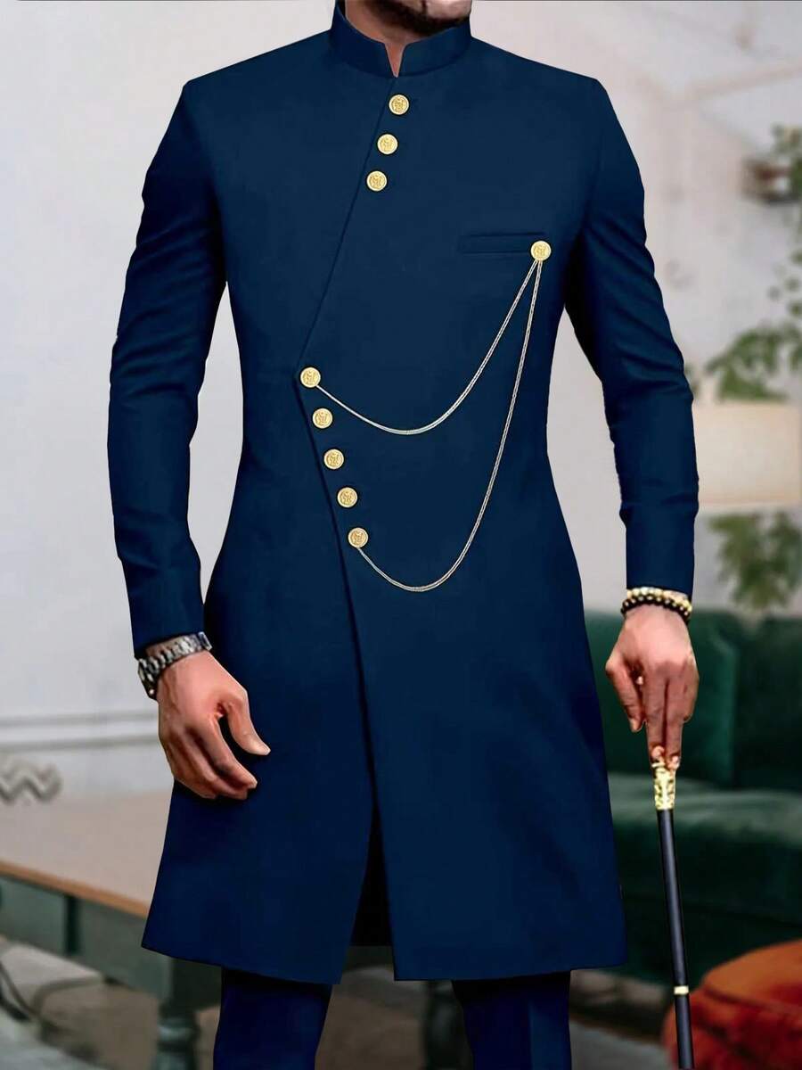 Men's Casual Long-Sleeved Two-Piece Suit, Mid-Length Top And Trousers - Navy Blue - View 1