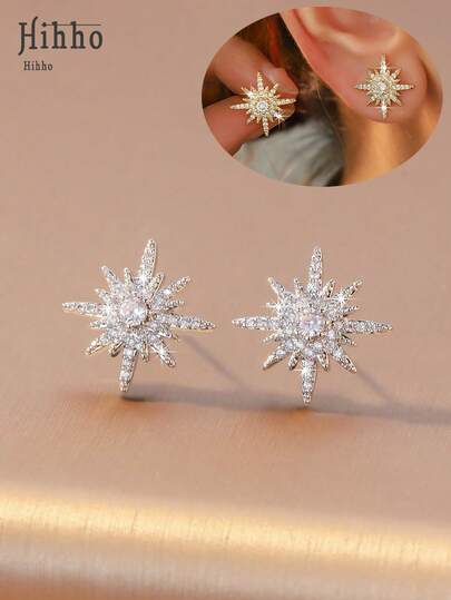 Hihho 1 Pair Fashionable Exquisite Creative Super Shiny Octagram Stud Earrings, Elegant Design Suitable For Daily Wear, Parties, Outings And More