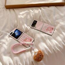 Cute Cartoon Striped Bear Folding Phone Case With Lanyard, Suitable For Samsung Galaxy Z Flip3 5G/Galaxy Z Flip 4 5G/Galaxy Z Flip 5 5G/Galaxy Z Flip 6 5G/Galaxy Z Flip 7 5G, Girly Folding Screen Protective Case - Multicolor - View 5