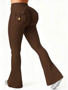 6pecil 女士户外喇叭裤，带口袋；女士紧身运动打底裤，提臀瑜伽裤；巧克力棕色春季款 - 巧克力棕 - 查看 8