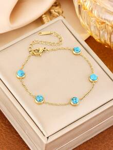 4件套不锈钢闪亮波西米亚风项链、手链、耳环套装，日常佩戴 - 薄荷藍 - 查看 9