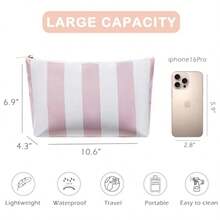 Bolsa de maquillaje grande impermeable a rayas de viaje bolsa de aseo estética de PVC organizador de bolsas de cosméticos de coqueta accesorios de viaje para mujeres y niñas Rosado - Rosa - Ver 3