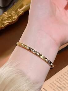 2/1 Pc Shiny Zirconia Roman Numeral Women Stainless Steel Bracelet Jewelry Set, Non-Fading, Stackable Or Wearable Alone, Suitable For All Occasions - Gold - View 7