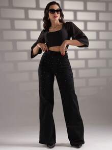 Women's Black Jeans With Rhinestone Glitter, High Waist, Premium Style - Negro - Ver 2