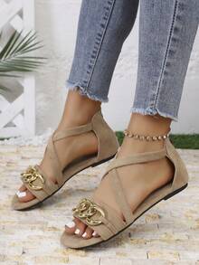 Sandales plates noires à effet daim croisées pour femmes, avec chaîne décorative, bout ouvert, fermeture éclair arrière, chaussures respirantes pour tenues de fête & quotidiennes d'été - Kaki - Voir 2