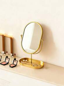1PC Exquisite Nordic Light Luxury Style Desktop Vanity Mirror, Oval, Round Optional, Creative Metal Frame, Bottom With Storage Tray, Can Place Lipstick, Cosmetics, Jewelry, Jewelry, Perfume, Makeup Brush, Aromatherapy Products, Etc. - Multicolor - View 6