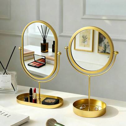 1 chiếc gương trang điểm để bàn kiểu dáng Bắc Âu sang trọng, hình bầu dục hoặc tròn tùy chọn, khung kim loại sáng tạo, đáy có khay đựng đồ, có thể để son môi, mỹ phẩm, trang sức, nước hoa, cọ trang điểm, sản phẩm trị liệu bằng hương thơm, v.v.