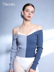 DonsGirl 1 Buah Atasan Rajut Lengan Panjang Balletcore Wanita dengan Blok Warna, Sweater Dua Warna Tanpa Bahu, Pullover Pemanasan untuk Latihan Tari & Pakaian Kasual Sehari-hari - Dusty Blue - View 9