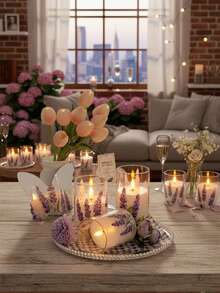 3-Piece Flameless Candle Set With Remote Control, Battery-Powered, Purple Lavender Twinkling LED Candles, Floral Christmas Decorations, Electric Column Candles. - Họa tiết hoa oải hương - Xem 6
