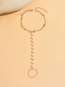 1pc Bohemian Style Faux Pearl Toe Ring & Anklet, Minimalist Gold Chain Beach Holiday Foot Jewelry - Gold - View 3