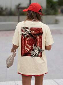 “天使地毯”文艺复兴风格女士T恤，常规版型复古美学图案T恤，舒适的丘比特艺术短袖上衣，独特的圆领复古油画风格Pinterest风格休闲夏季服饰 - 杏色 - 查看 4