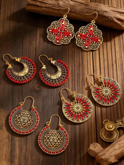 4 pares de pendientes vintage con diseños florales y geométricos huecos en estilo boho y desgastado, adecuados para uso diario de las mujeres, accesorios de joyería