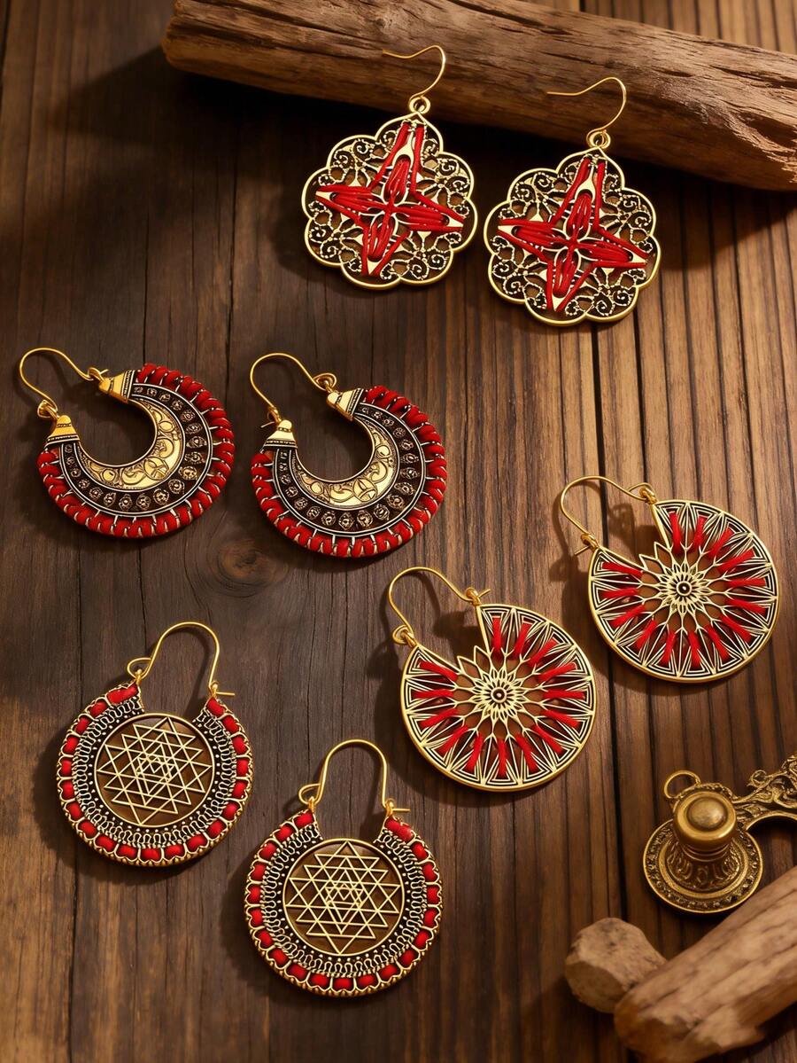 4 Pairs Vintage Distressed Western Boho Hollow Flower & Geometric Line Earring Set, Suitable For Women's Daily Wear, Jewelry Accessories - Multicolor 1 - View 1