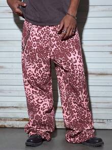 Modcrash 男士豹纹牛仔裤，复古高街时尚休闲宽松直筒裤，适合夏季度假穿着 - 紅色 - 查看 7
