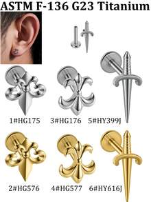 1PC Punk G23 Impant Titanium Ox Horn/Boat Anchor Labret Lip Nose Stud Internal Threaded Cross Sword Flat Back Earrings16G Conch Helix Tragus Piercing Jewelry Silver Color &18k Golden Plated In Daily Life - As Shown - View 9
