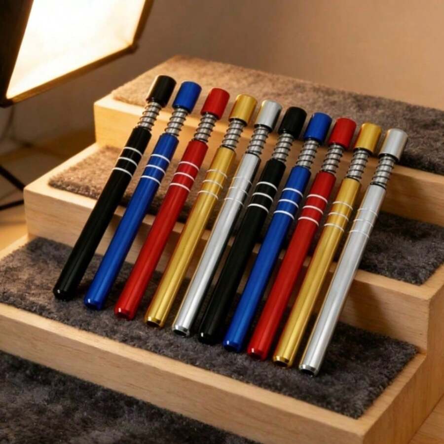 10pcs Metal One Hitters Spring Loaded 1 Hit Pipes 3.20" Long, Black Blue Silver Red Yellow Variety Pack With Striping, Smoking Accessories, For Smokers - 黑+銀+藍+紅+黃 - 查看 1
