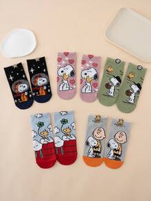 5雙 SNOOPY 系列小狗表情條紋字母圖案卡通女款短襪 - 彩色 - 查看 3