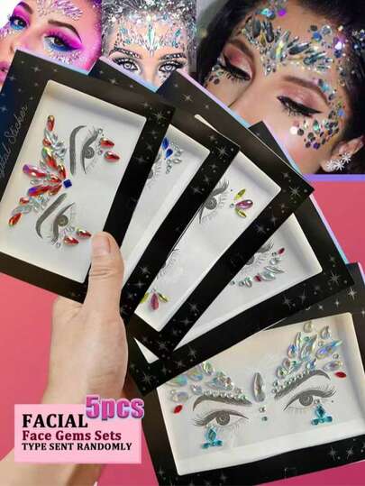 5pcs Large AB Rhinestone Face Gems, Face Decoration Stickers, Face Jewel Set, Shiny Mermaid Face Crystal Stickers, Mixed Style Face Gems Crystal Sticker Set, Gem Face Mermaid Carnival Party Rhinestone Temporary Tattoos, Gift For Girls, Suitable For Home And Salon Use. (Random Colors And Shapes!)