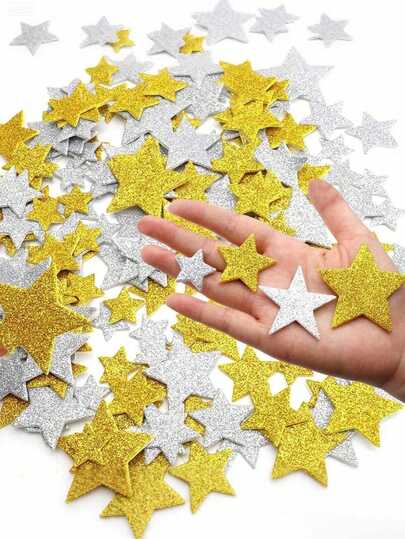 100pcs Silver & Gold Glitter Foam Star Stickers, Self-Adhesive Glitter Foam Stars, Assorted Sizes, Suitable For Holiday Parties, Crafts, DIY Decorations, Scrapbooks And Cards