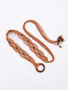 1pc Women's Retro Round Buckle Woven Wide Waist Belt, Minimalist Versatile Decoration For Dresses, Tassel Waist Chain Accessory - A - View 26