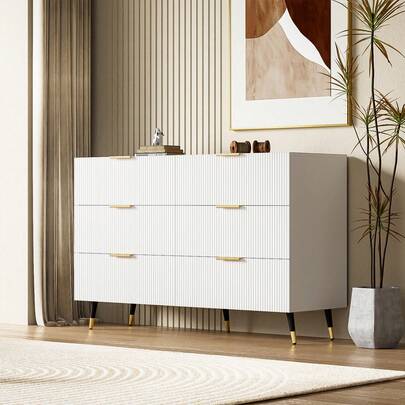 Modern Chest Of Drawers, 6 Drawer Cabinet, Elegant Wooden Sideboard With Metal Handle, Solid Wood Legs, With Plenty Of Storage Space, White (Shipped In 2 Packages)