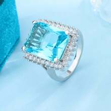 奢华花卉四爪方形浅蓝色几何戒指，女士合成立方氧化锆订婚礼物珠宝 - 白色 - 查看 9