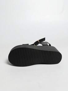 2026新款极简厚底坡跟凉鞋，夏季清爽纯色交叉绑带时尚别致，轻便PU鞋底舒适易穿，通勤和户外活动必备 - 黑色 - 查看 9