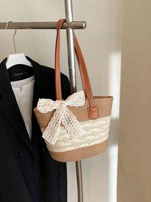 1pc Girl's Straw Bucket Bag, Zipper Closure, Fashion Beach Shoulder Bag, Suitable For Daily Use - Off-white Wavy Khaki - View 5