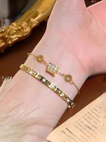 2/1 Pc Shiny Zirconia Roman Numeral Women Stainless Steel Bracelet Jewelry Set, Non-Fading, Stackable Or Wearable Alone, Suitable For All Occasions - Gold - View 1